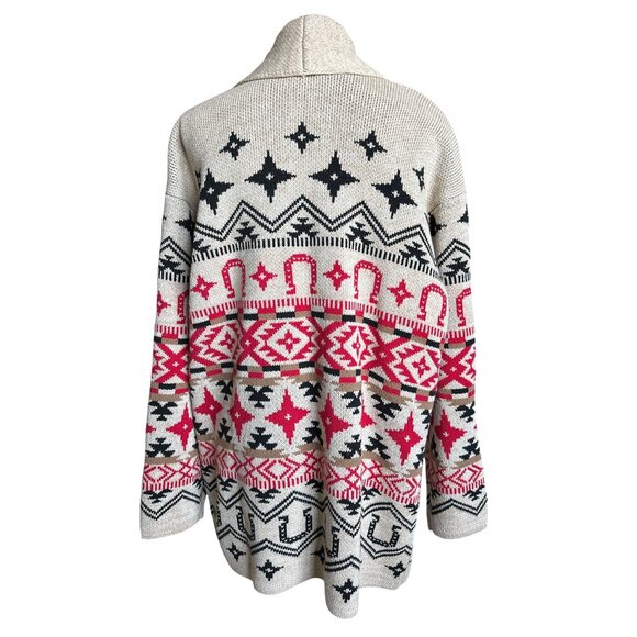 NWT Lucky Brand Tan Red Horseshoe Western Cardigan Sweater Open Front Size XL - Picture 6 of 10